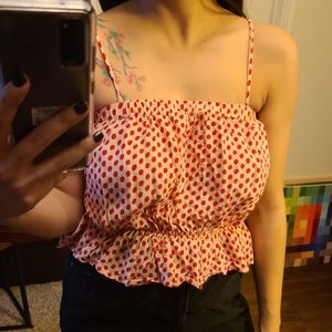 Polka dot top ruffle crop top straight nec…